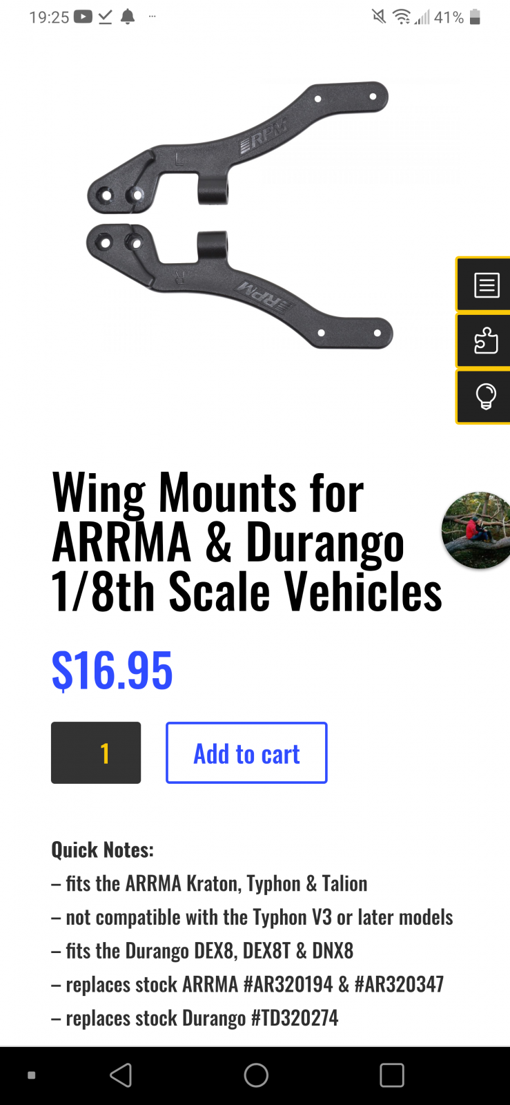 RC Team Durango TD320274 Wing Mount Set DEX8 DNX8 DEX8T Discontinued